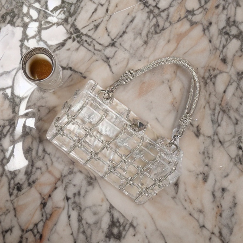 Clear Acrylic Evening Clutch with Silver Crystal Grid - Picture 2 of 4